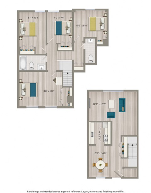 4 bedroom floor plan rendering at city towns apartments in washington dc